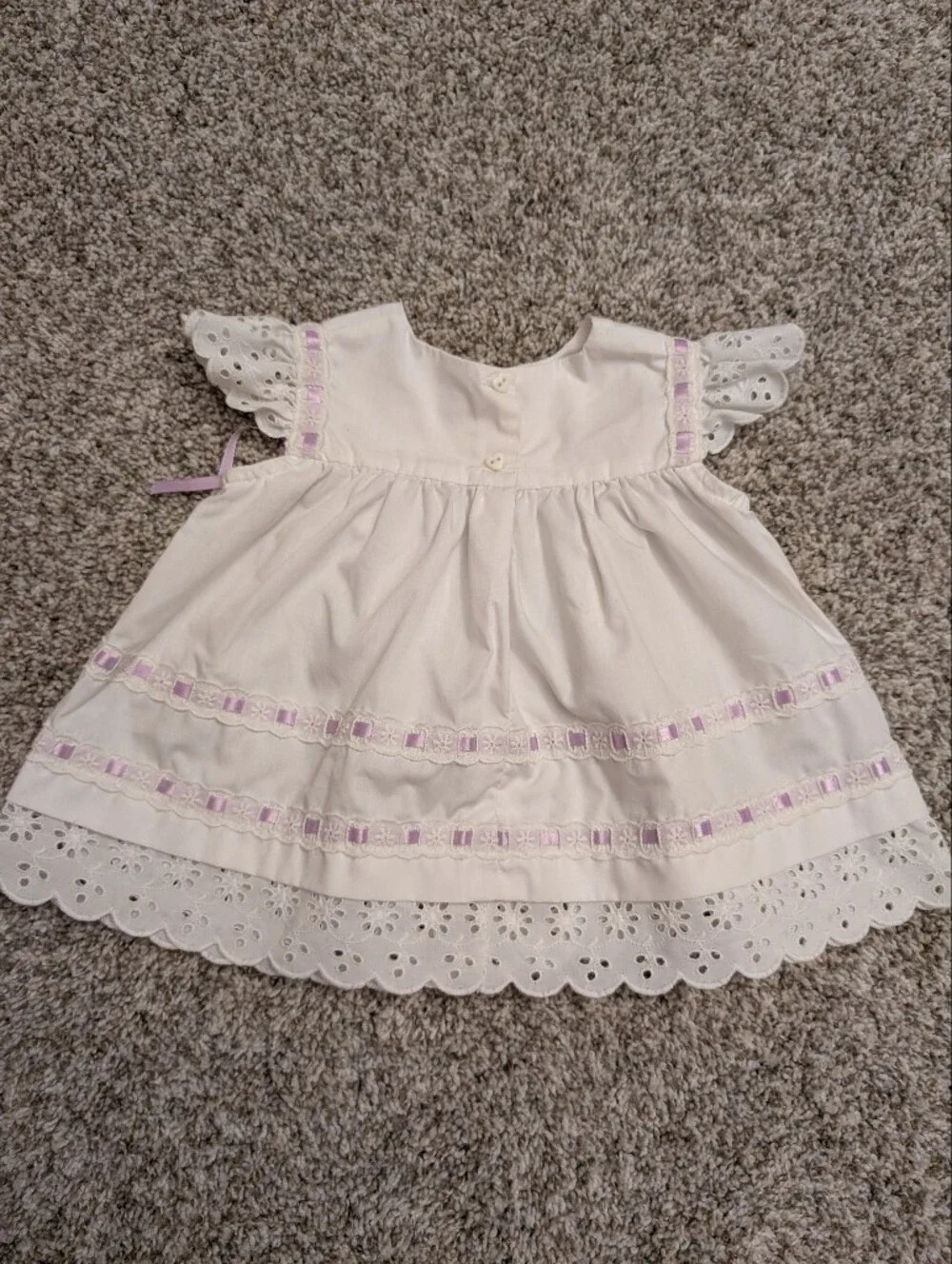 White Eyelet Baby Dress with Lavender Ribbon Handmade 6-9mo Formal Event Summer